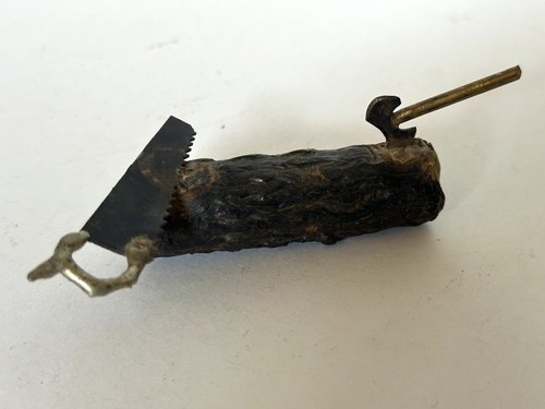 Folkart Painted Paperweight Log Saw and Axe Motif