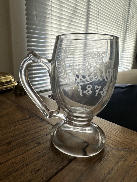 Etched and Handled Saratoga Drinking Glass 1878