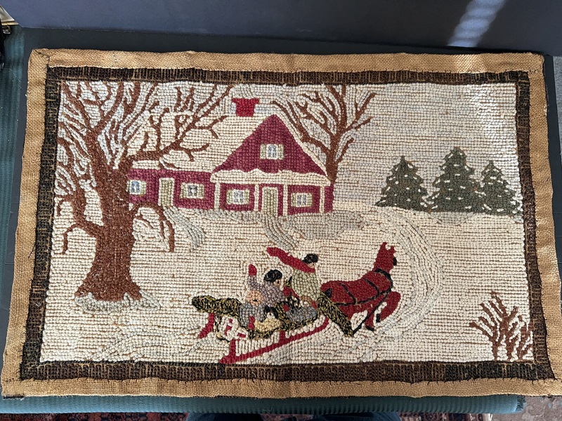 Winter Snow Horse and Sleigh Hooked Rug.