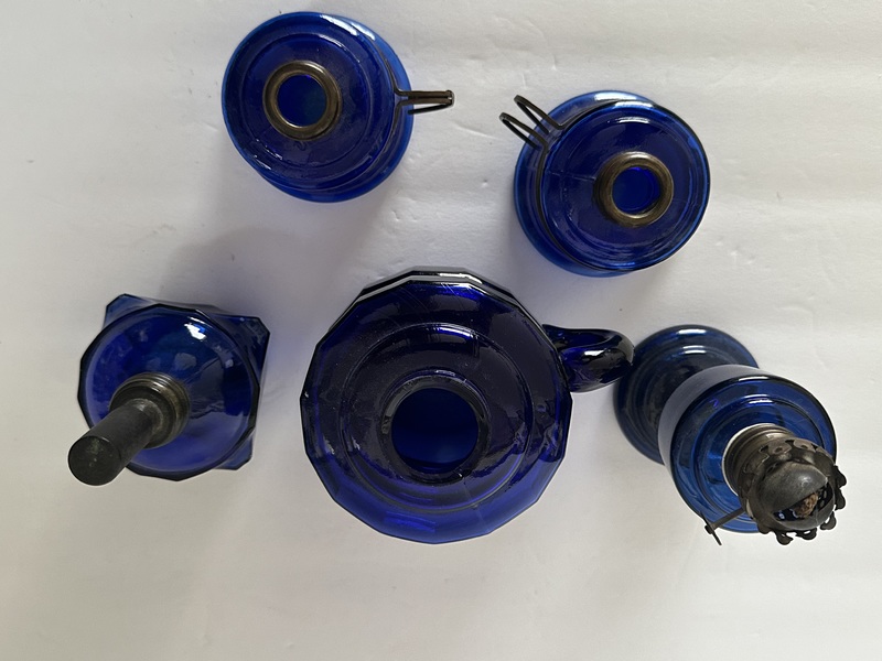 Collection Five Old Miniature Cobalt Finger Lamps.