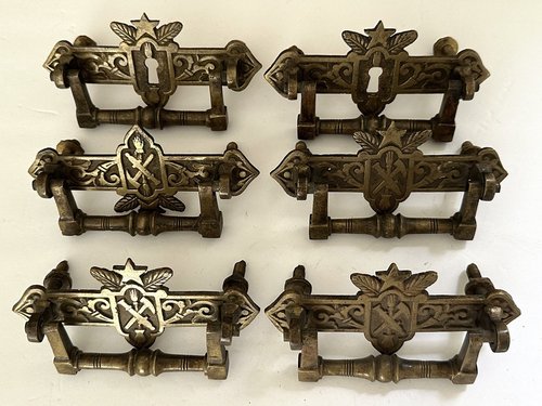 Set of Six 1870's Symbolic Brass Drawer pulls.