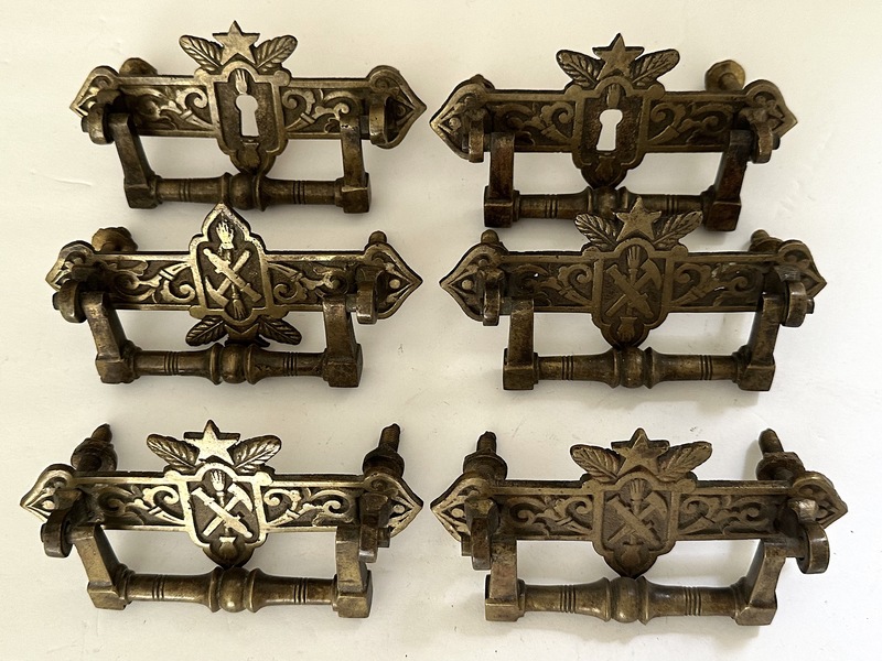 Set of Six 1870's Symbolic Brass Drawer pulls.