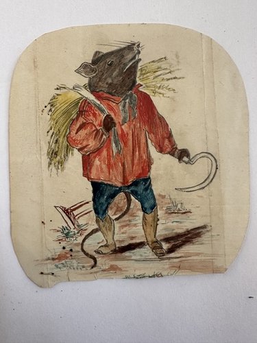 1870 Mouse With Sickle Watercolor Painting
