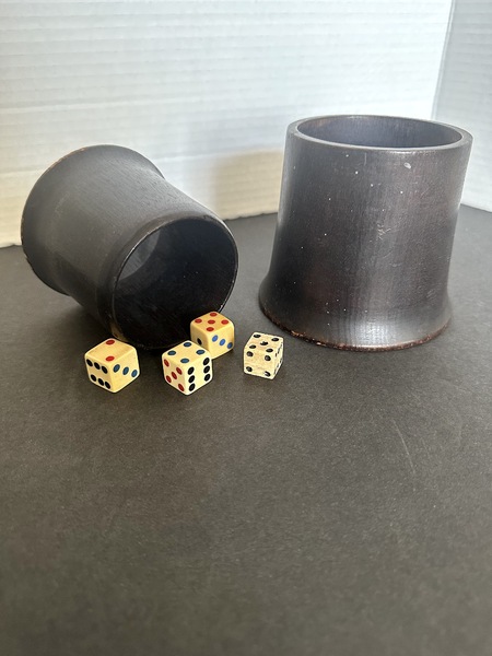 Early Two Piece Painted Treen Ware Dice Cups