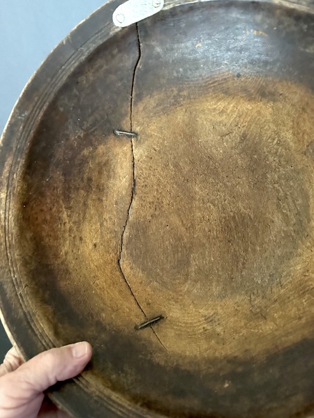 Large Early Turned Treen Charger W Staple Repairs