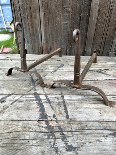 Pair of Colonial Rat Tail Blacksmith made Andirons