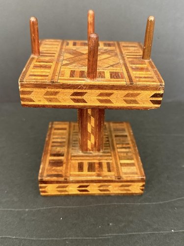 Old Wood Marquetry Sewing Spool Holder