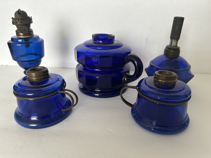 Collection Five Old Miniature Cobalt Finger Lamps.