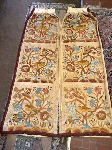 American Pair of Mid 19th C. Crewel Work Drapes