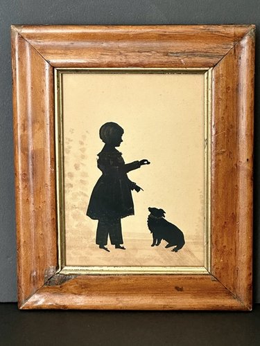 Silhouette Girl W Treat For Dog Old Birdseye Frame