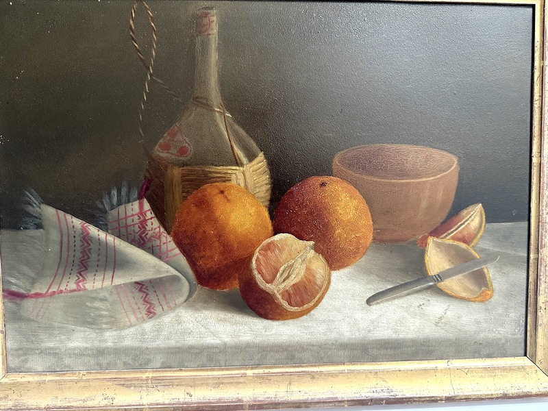 American Folkart Oil on Board Still Life Painting