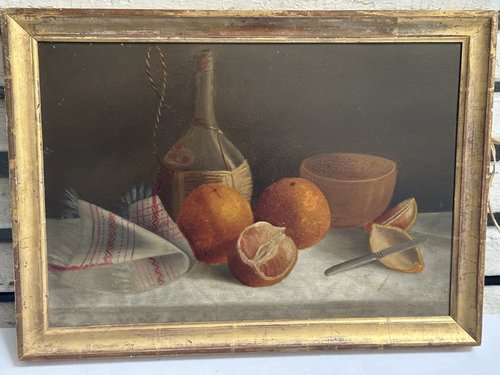 American Folkart Oil on Board Still Life Painting