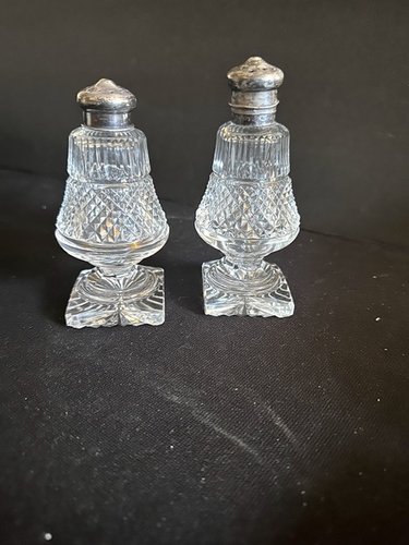 Pair Early Cut Glass Salt Peppers Sterling Caps