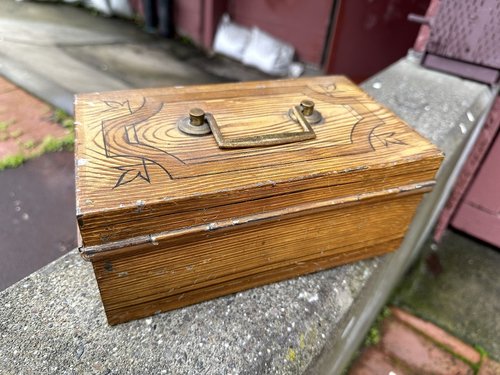 Antique Grain Painted W handle Metal Cash Box