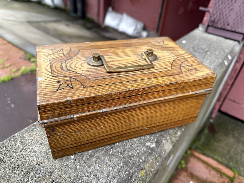 Antique Grain Painted W handle Metal Cash Box