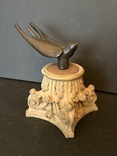 Sm Bronze Sculpture of a Swallow on Oakwood Stand