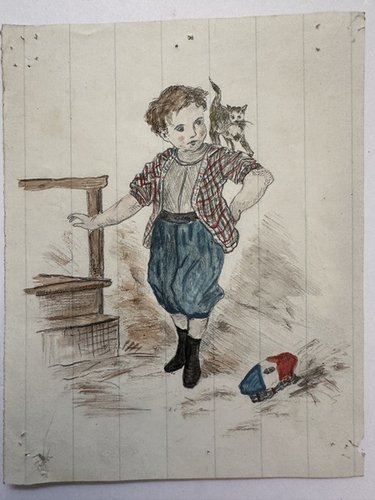 1871 Small WC Painting Boy W Cat at the Well