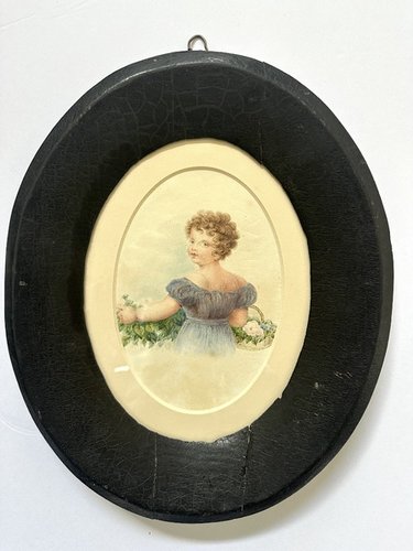 Early Carved Frame of Girl W Flowers WC Painting