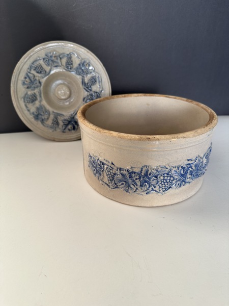 Salt Glaze Advertising Blue & White Butter Crock