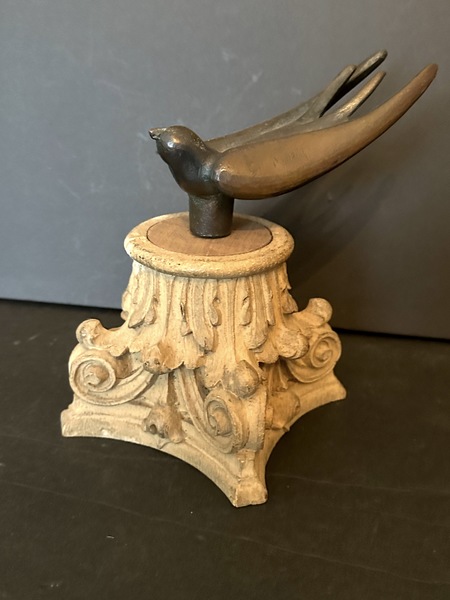 Sm Bronze Sculpture of a Swallow on Oakwood Stand