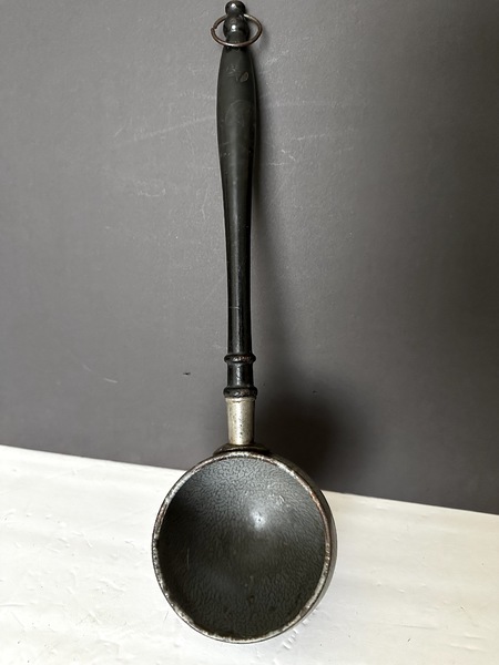Labeled Early Granite Iron Ware Scoop Wood handle.
