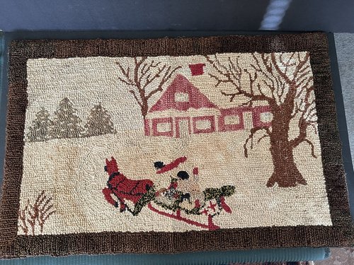 Winter Snow Horse and Sleigh Hooked Rug.