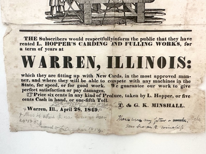 1849 Warren Illinois Wool Carding Adv Broadside