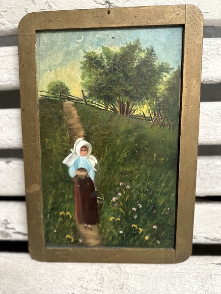 Primitive Oil Painting on School House Slate 1860