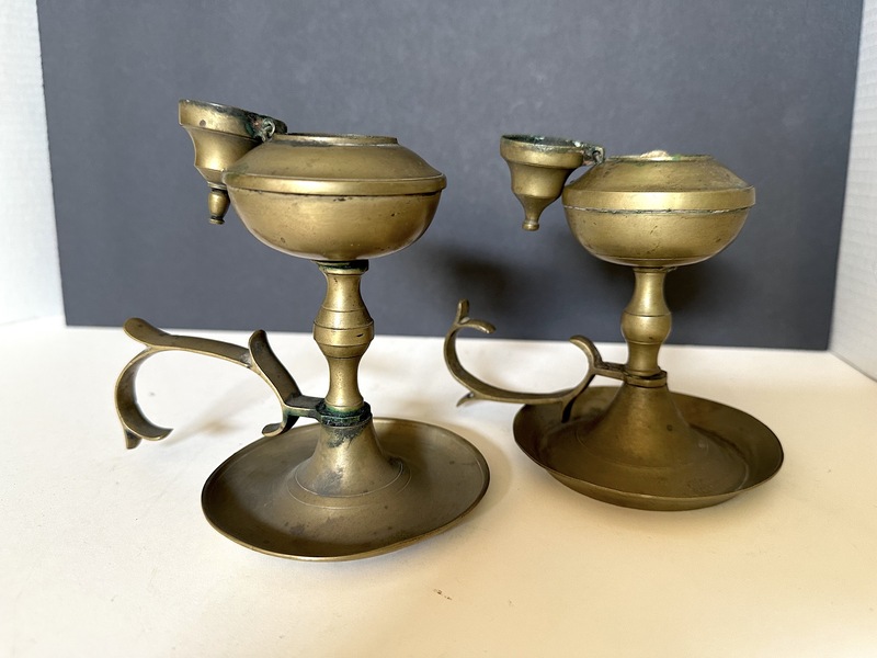 Two early 19thC Brass Whale Oil Finger Lamps
