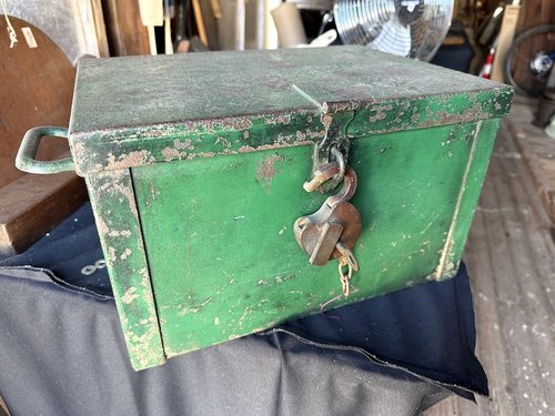 Period 19th C Painted Metal Strongbox W Lock & Key