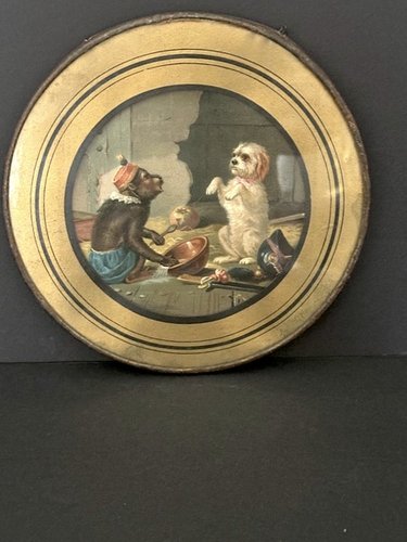 19th C Stove Flu Cover Dog and Monkey Dressing Up