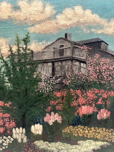 Old Folk Art Flower House Patriotic Oil Painting