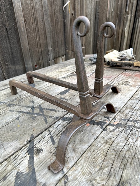 Pair of Colonial Rat Tail Blacksmith made Andirons