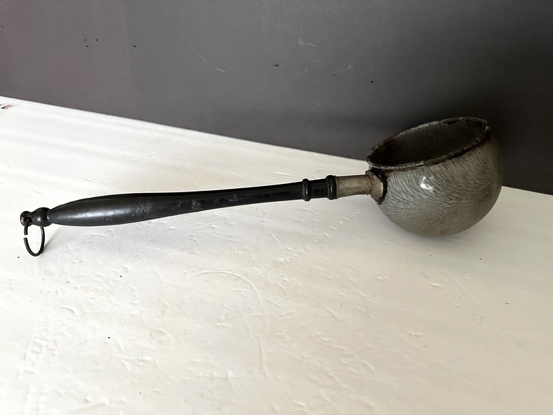 Labeled Early Granite Iron Ware Scoop Wood handle.