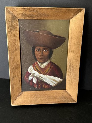 Oil on Board Painting Young Latin Boy W Hat C 1900