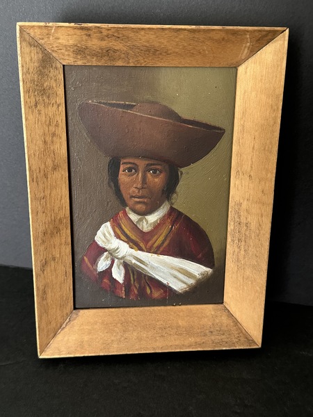 Oil on Board Painting Young Latin Boy W Hat C 1900