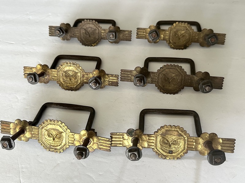 Set of Six 1890s Brass Owl Head Drawer Pulls