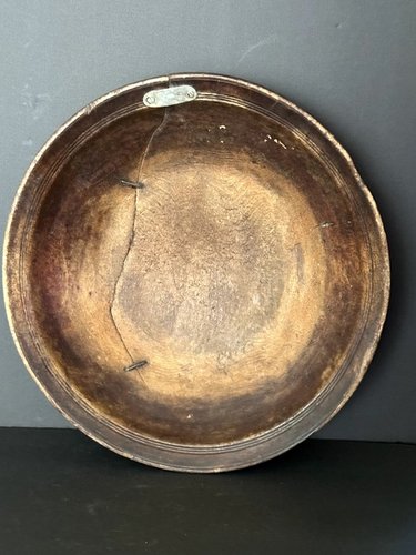 Large Early Turned Treen Charger W Staple Repairs