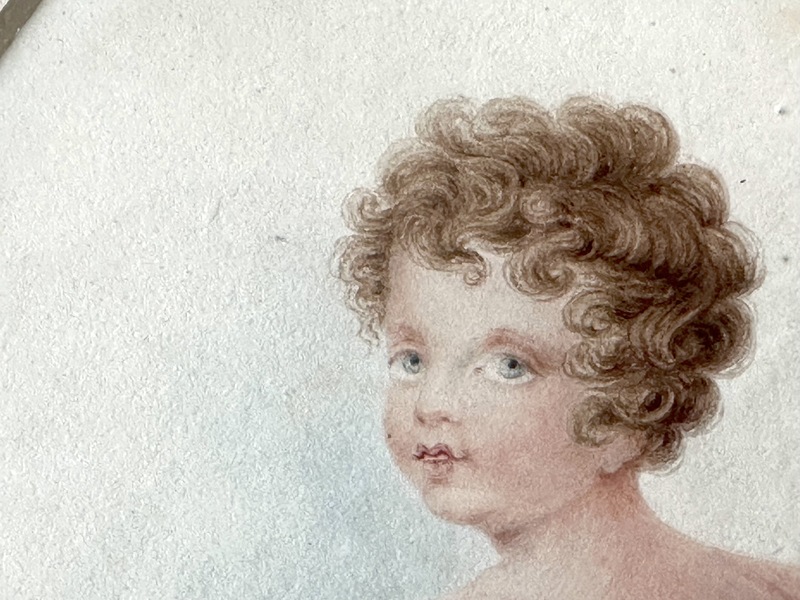 Early Carved Frame of Girl W Flowers WC Painting