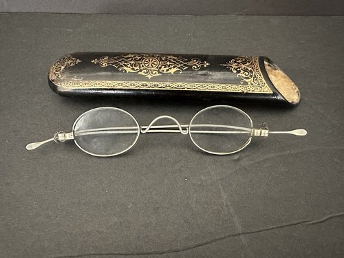 1870s Papier Mache Spectacles Case with Glasses