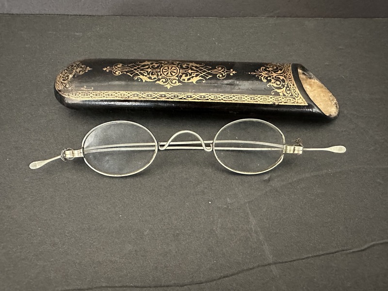 1870s Papier Mache Spectacles Case with Glasses